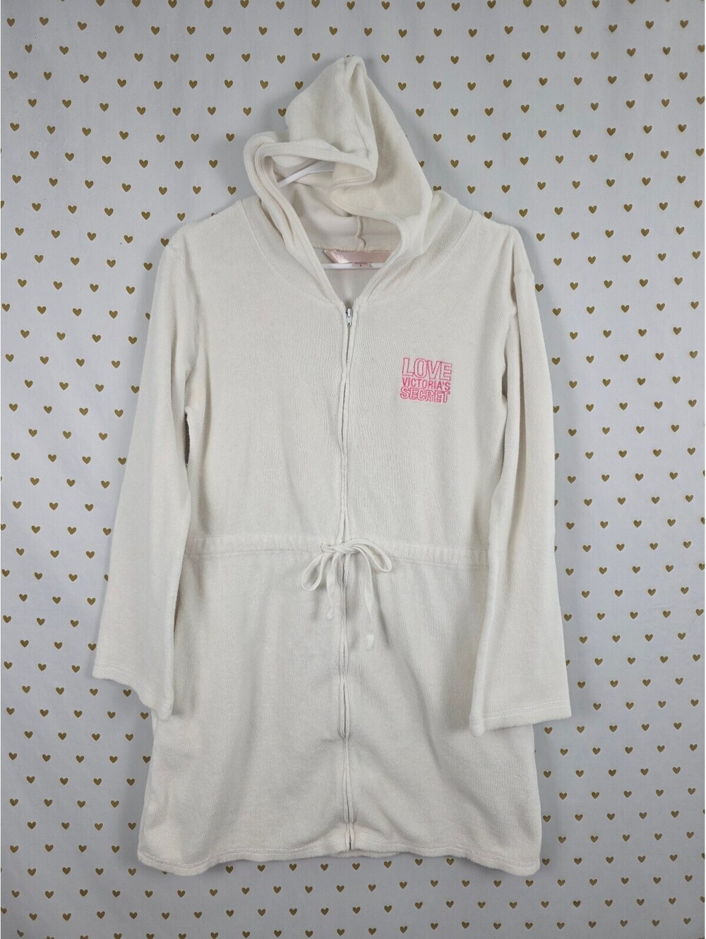 2008 Victoria's Secret Terry Cloth Hooded Swim Cover Up Dress White Pink S